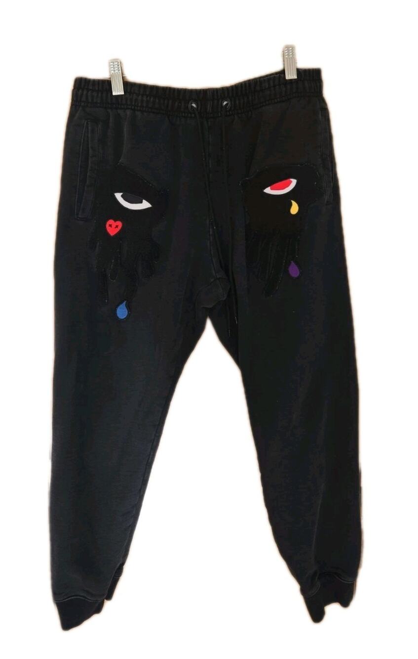 Roku Studio Crying Eyes Dripping Tears Patch Black Sweatpants men's large 30x27